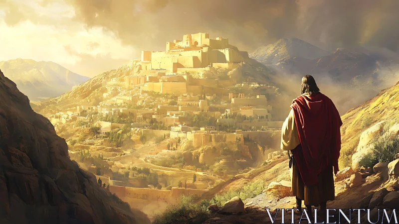 Solitary robed figure overlooking sunlit ancient hill fortress