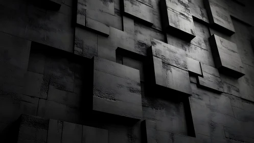 Dark geometric wall with layered cubic relief forms.