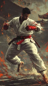 Flame-stride karate master leaping through painted embers.