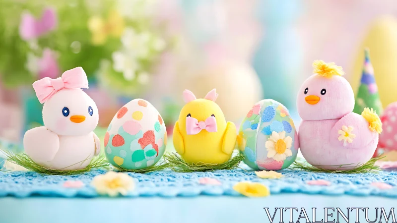 Pastel Easter chicks with decorated eggs on grass mat.