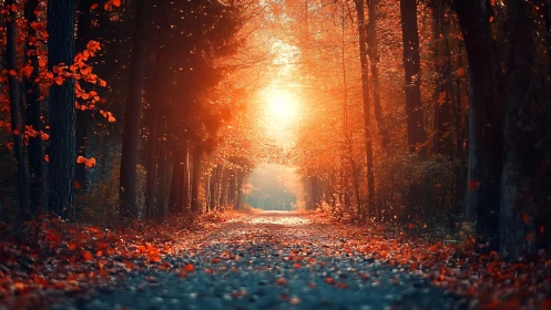 Autumn's Luminous Tunnel Beckons Through Fiery Woods