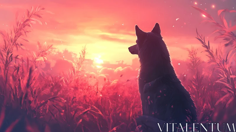 Solitary wolf watches radiant sunset over glowing meadow