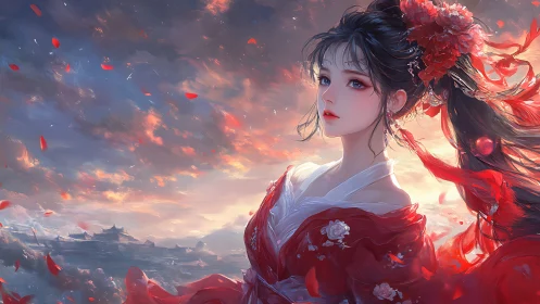 Elegant woman in red kimono amid drifting petals at sunset.