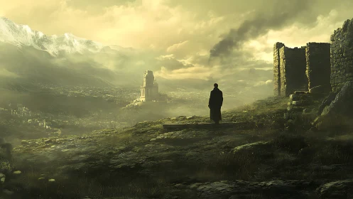 Solitary figure overlooking ruined citadel in misty valley