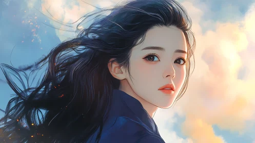 Skybound daydreamer with wind-tossed midnight hair gazing back.