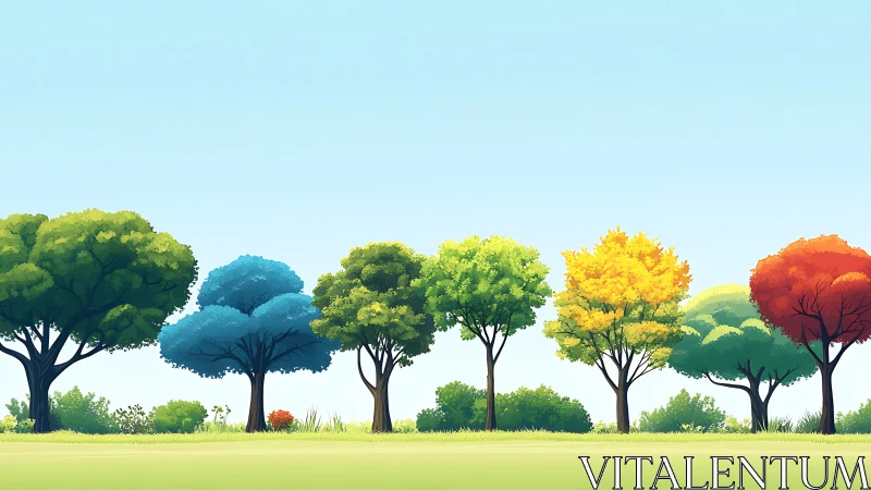 Colorful row of seasonal trees glows under a clear sky