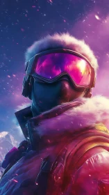 Futuristic arctic explorer in neon snowstorm glow.