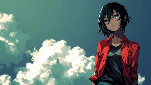 Sky-soaked daydreamer leans into the wind and bright clouds