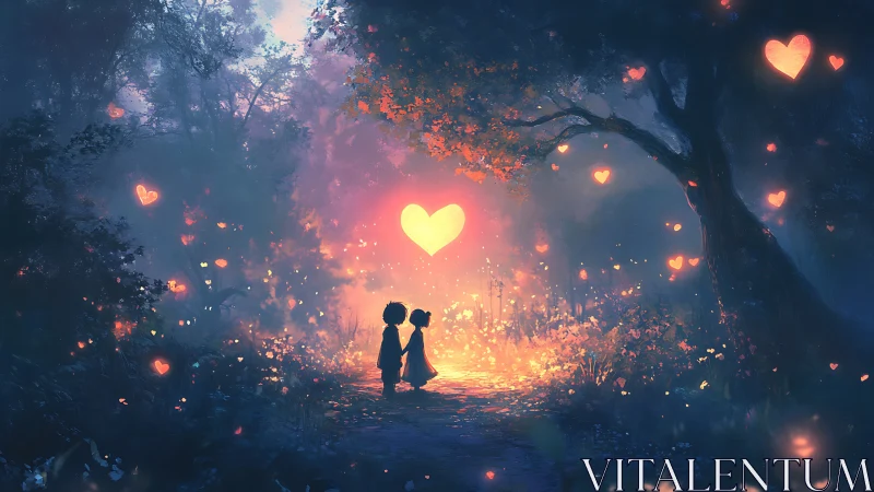 Two figures in glowing heart forest scene.