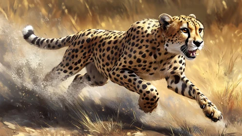 Sprinting Cheetah with Dappled Spots Captured Mid-Acceleration Desert Sprint.