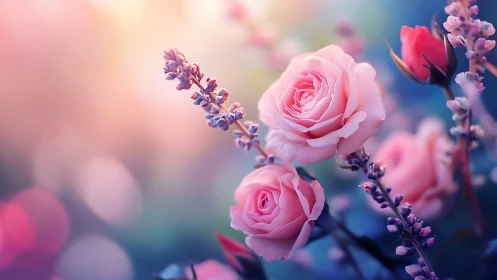 Luminous Pink Roses with Purple Blooms Rendered in Soft Focus Botanical Study.