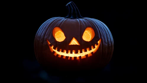 Glowing jack-o-lantern smiles warmly in the Halloween night