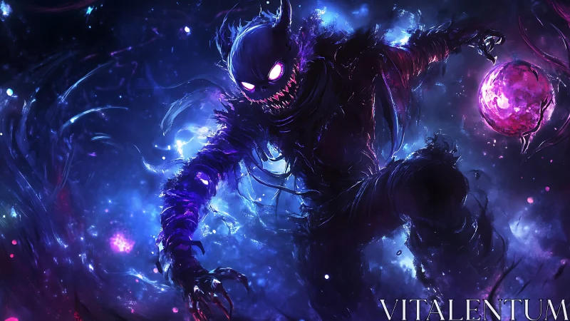 Shadow creature in luminous cosmic vortex with energy orb.