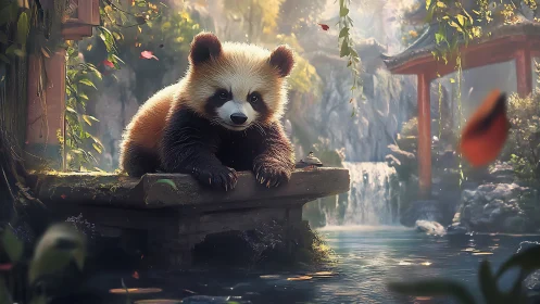 Gentle red panda relaxing by a sunlit forest pond.