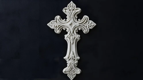 Ornate white decorative cross on dark background, baroque style.