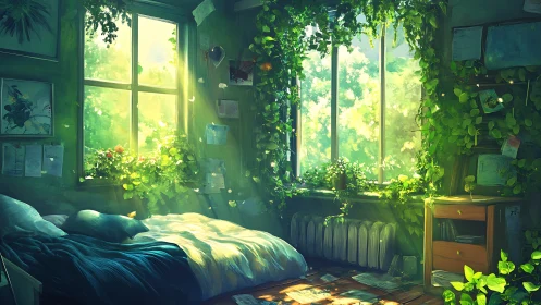 Morning sunlight braids through a secret indoor forest bedroom