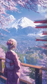 Kimono-clad figure viewing Mount Fuji amid cherry blossoms.