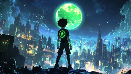 Neon-lit cityscape unfolds beneath a lone silhouetted boy.