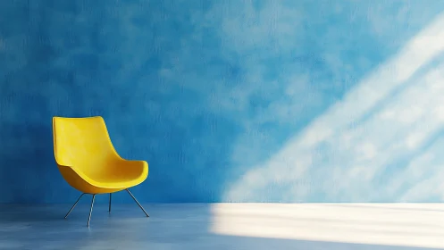 Sunlit yellow lounge chair against dream-soft blue wall.