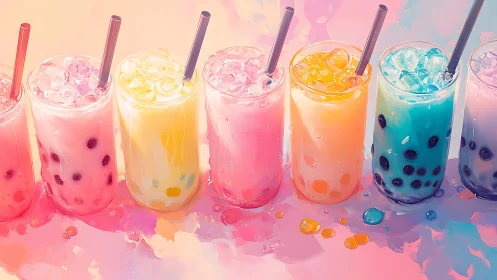 Row of iced bubble tea glasses rendered in high-saturation digital painting