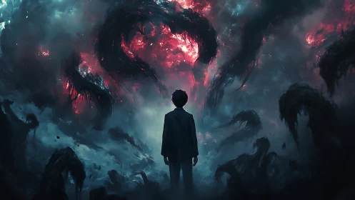 Boy confronts cosmic void under seething crimson storm.