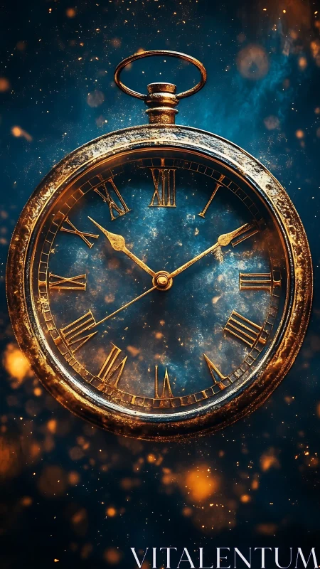 Vintage pocket watch floating in glowing cosmic dust.