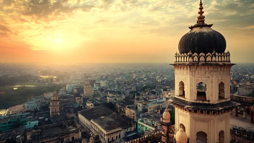 Golden city skyline welcomes dawn over ornate domed tower