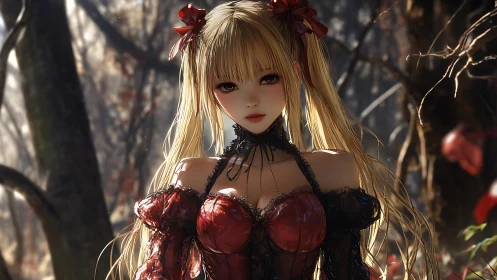 Gothic anime maiden in crimson corset within twilight forest