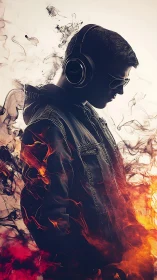 Profile silhouette with over-ear headphones and dynamic fire ink effect.