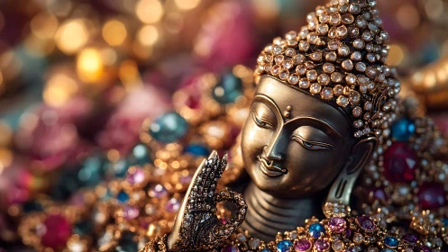 Jewelled Buddha statue head rendered in detailed close focus