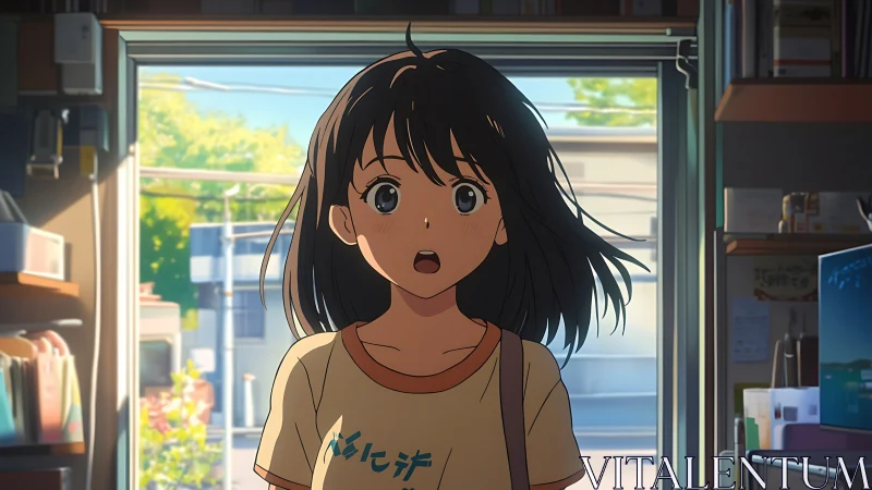 Surprised girl pauses in a sunlit doorway of a cozy room