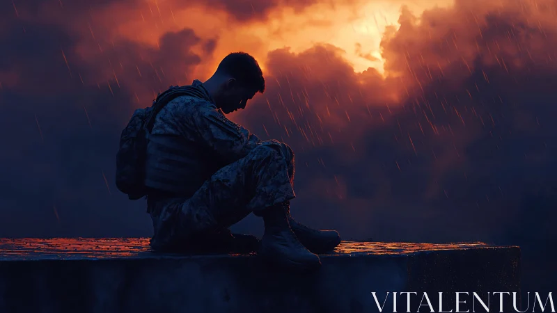 Soldier sits alone in rain against burning storm sky.