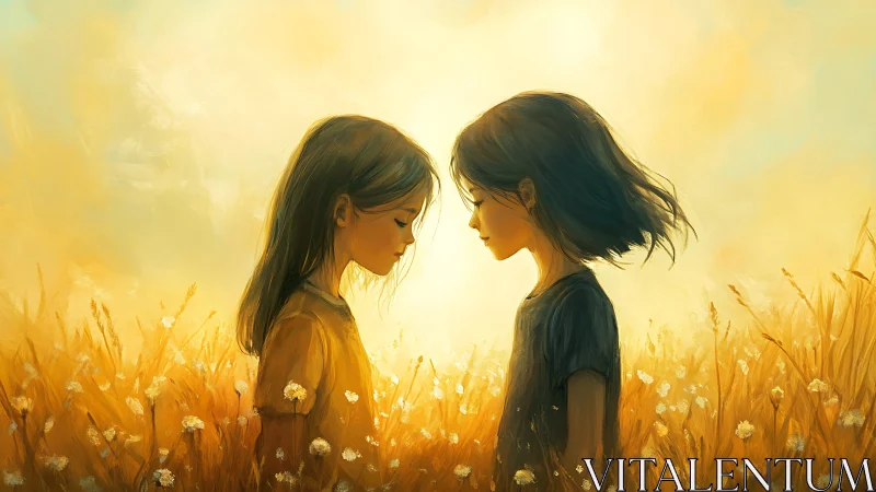 Two thoughtful girls facing each other in warm field.