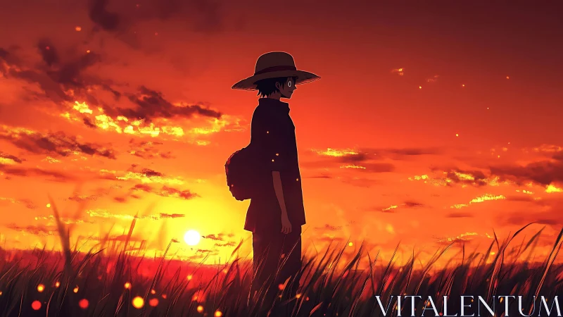Silhouetted figure stands in tall grass against orange sunset
