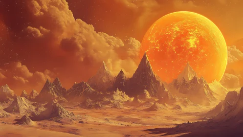 Orange alien desert with jagged peaks and large sun sphere.