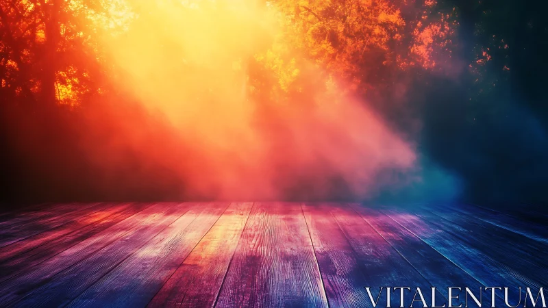 Luminous Stage: Red and Gold Light Performance Over Wooden Floor.