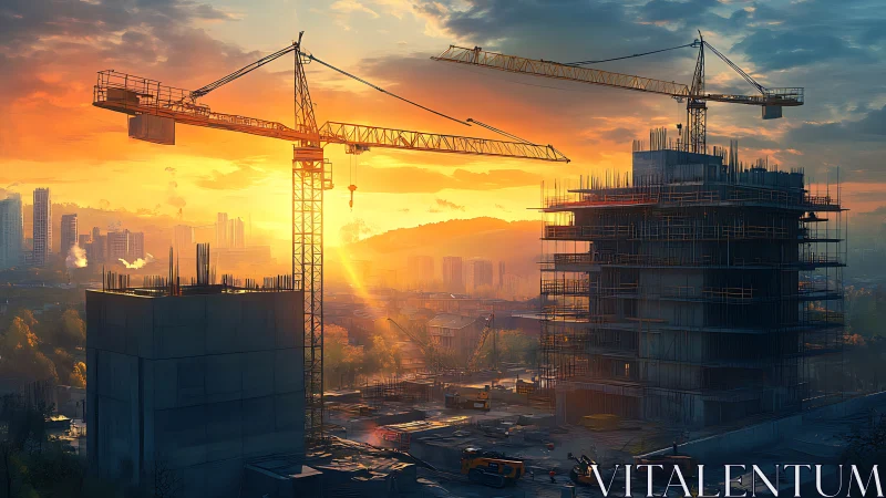 Golden Hour Construction Symphony: Where Cranes Dance at Dusk.