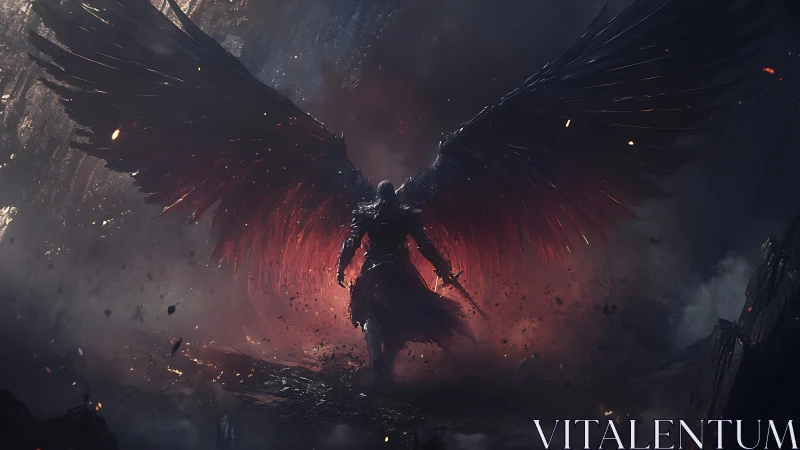 Dark-winged warrior rises in glowing storm of embers