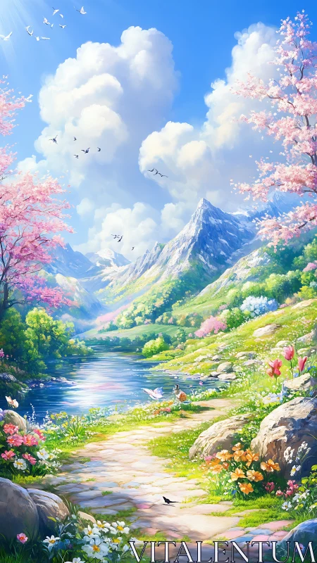 Mountain valley river landscape with spring blossoms shown.