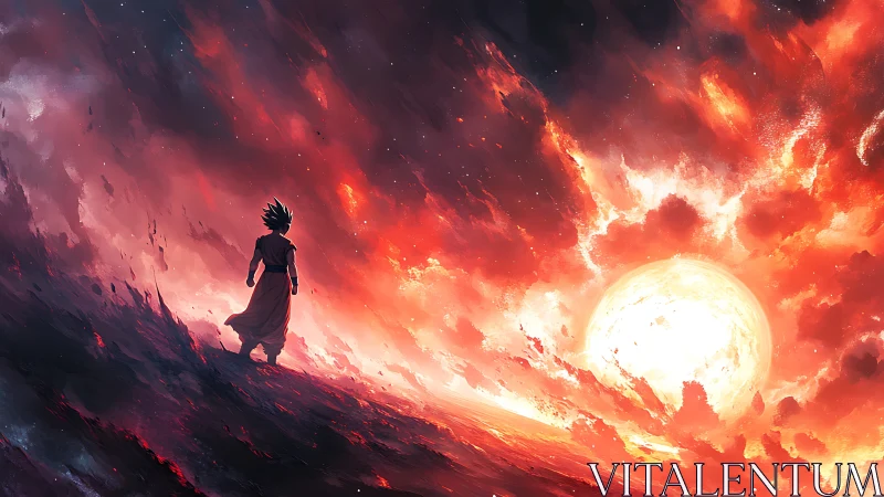 Silhouetted warrior observes massive blazing sun horizon