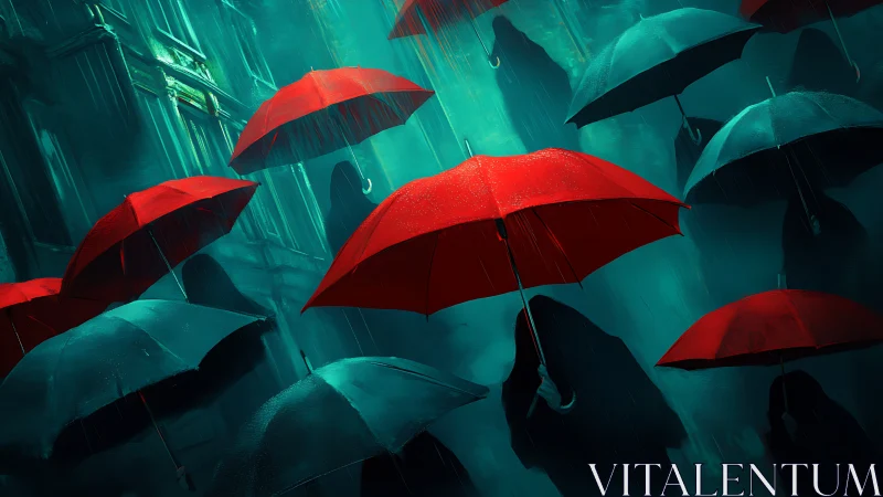 Red umbrellas drifting through a mysterious teal rainstorm.