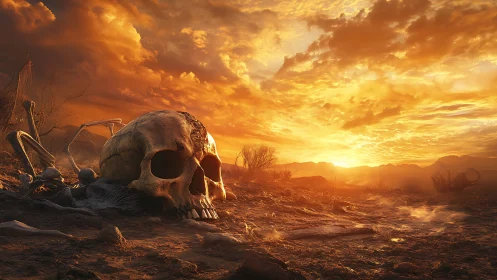 Giant weathered skull anchors a post apocalyptic sunset panorama
