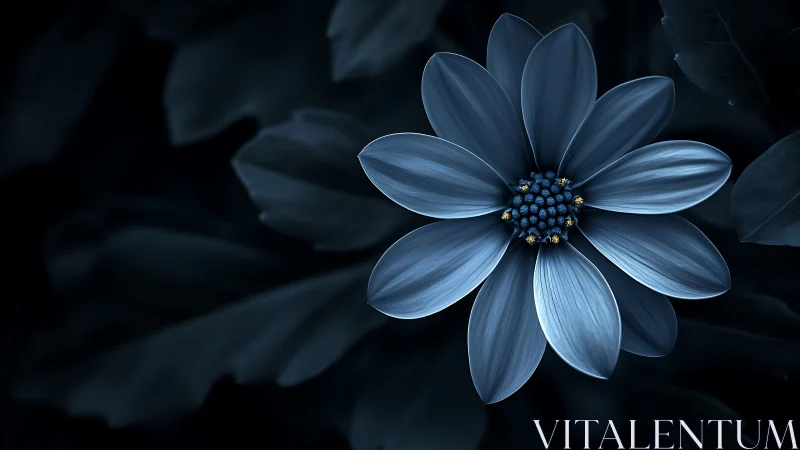 Midnight blue flower glows softly against shadowed foliage