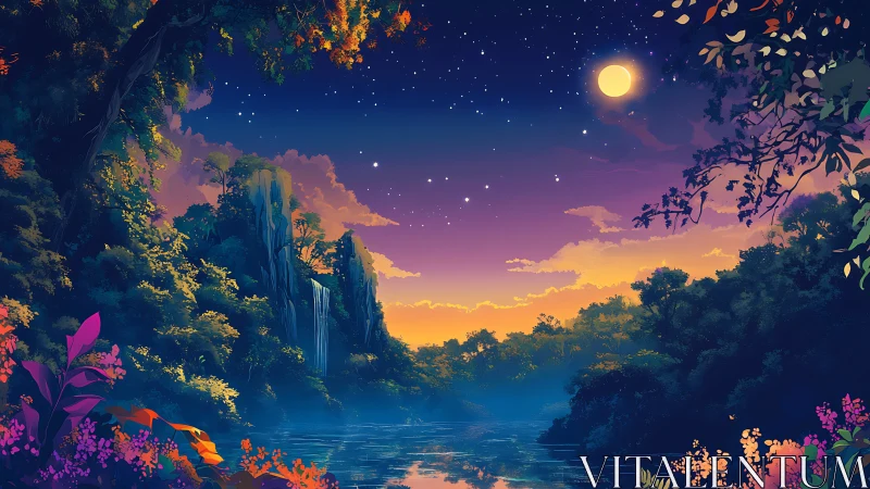 Moonlit tropical river landscape with waterfalls at dusk.