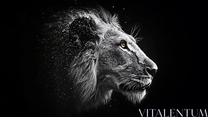 High contrast lion profile on dark abstract background.