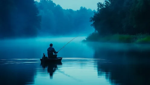 Lone angler in small boat on blue misty forest lake.
