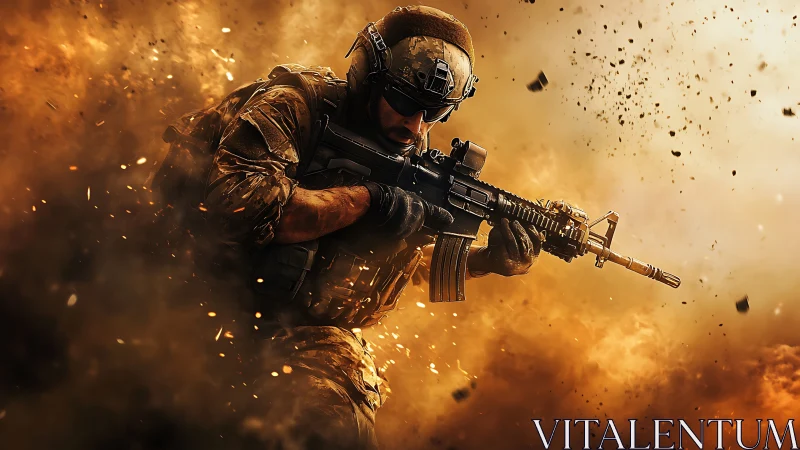 Battle-scarred soldier cuts through a storm of burning dust.