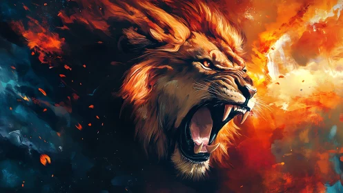 Dynamic digital painting of roaring lion in fiery motion.