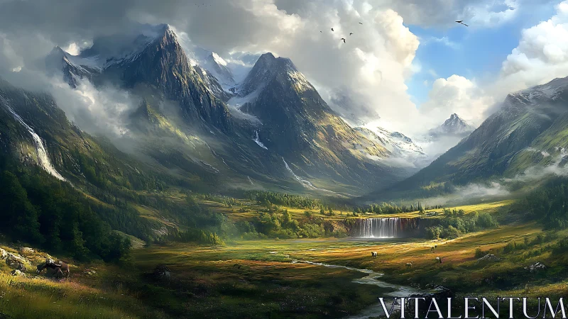 Atmospheric alpine valley with glacial peaks and tiered waterfall.