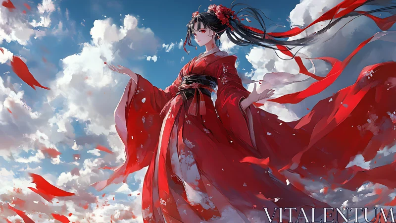 Crimson sky dancer drifting through bright cloudlight.